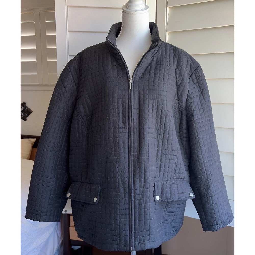 VTG Jane Ashley Womens 2X Plus Black Quilted Jacket Zip Front Stand Collar